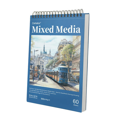 Crehatos Mixed Media Sketchbook 9" x 12", Top Spiral Bound Sketch Pad, 60 Sheets 98lb/160gsm Drawing Paper for Wet and Dry Media, 1 Pack Crehatos