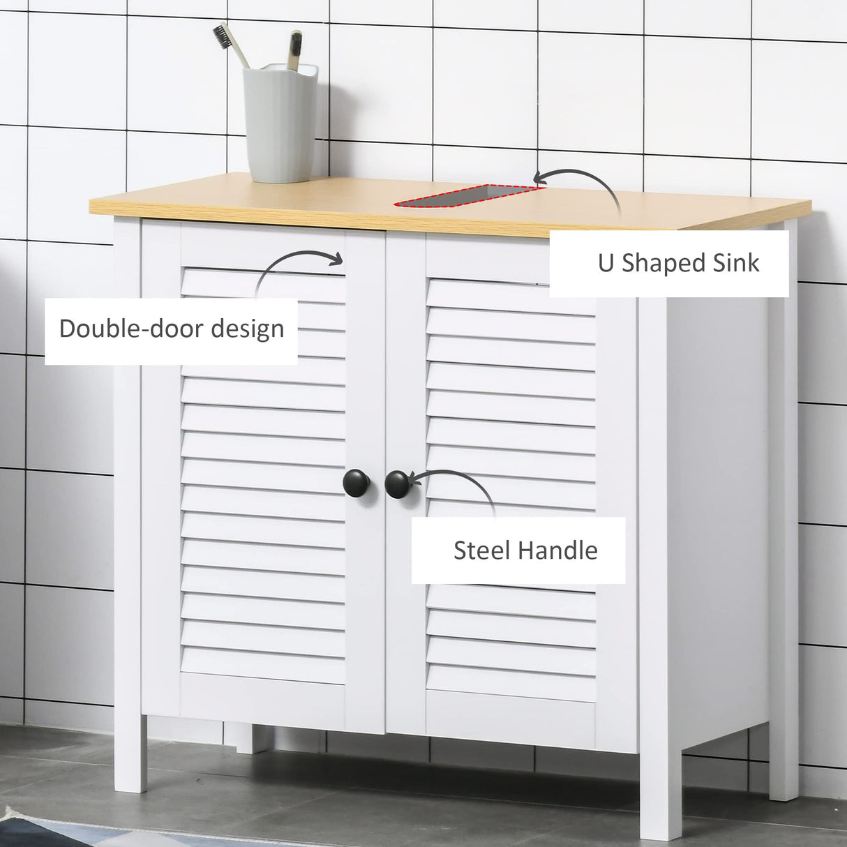 HOMCOM Under Sink Storage Cabinet with Removable Shelf, Bathroom Vanity Cabinet with 2 Doors, White HOMCOM