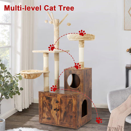 Timberer Cat Tree Tower with Litter Box Enclosure, 2-in-1 Wooden Cat Condo with Sisal Scratching Post, Hammock, Brown Timberer