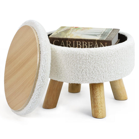OGEMXU Ottoman Foot Rest, Small Round Ottoman with Storage, Boucle Teddy Velvet Footstool with Wood Legs, Soft Sponge Storage Ottoman for Living Room, Bedroom, Couch, Enterway (Cream) OGEMXU