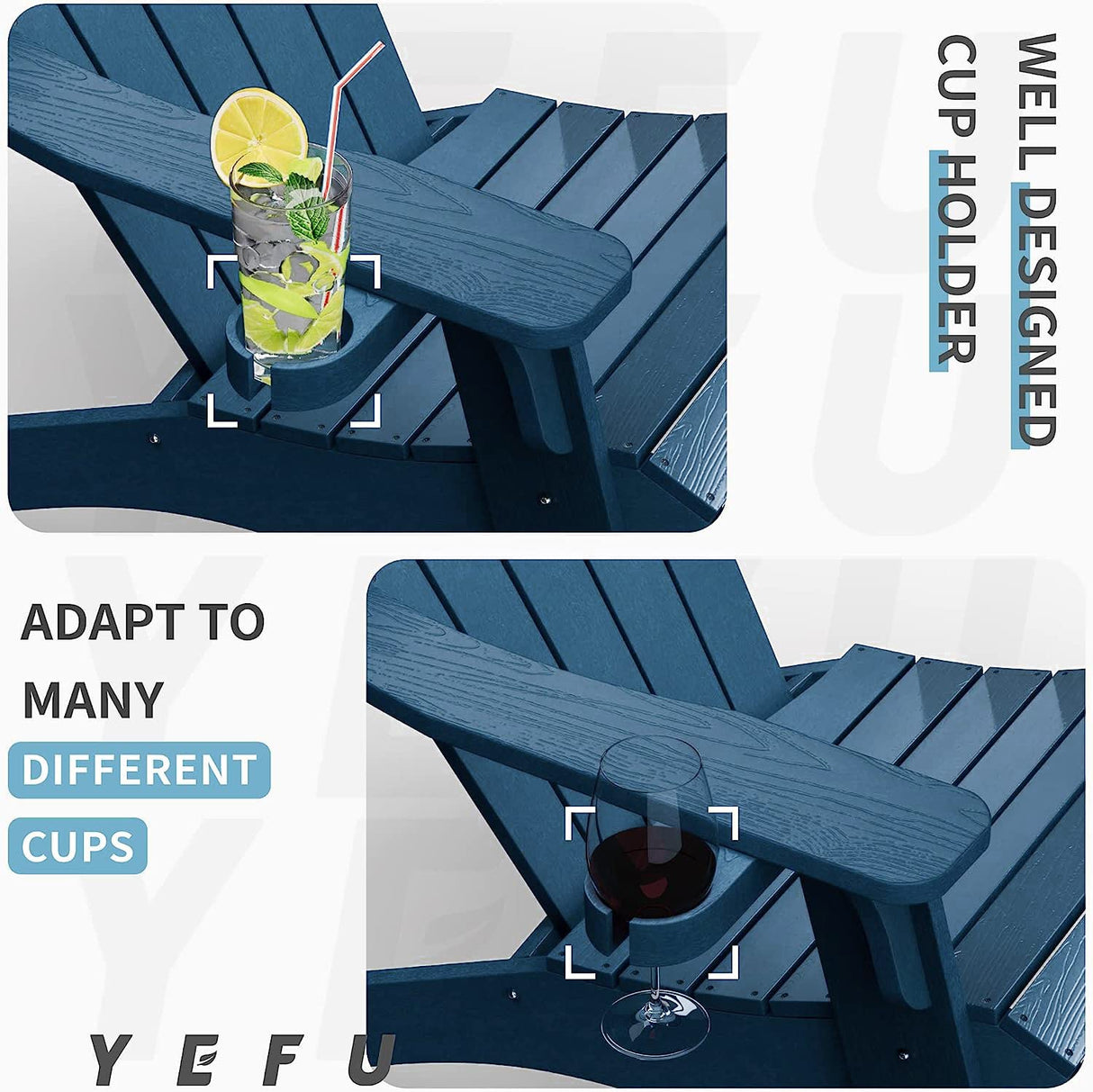 YEFU Oversized Adirondack Chair with Cup-Holder,Plastic Outdoor Fire Pit Chair, Weather Resistant, Poly Lumber Chair, Used in Patio, Lawn, Deck,Heavty Duty,Weight Capacity 400lbs-Navy Blue YEFU