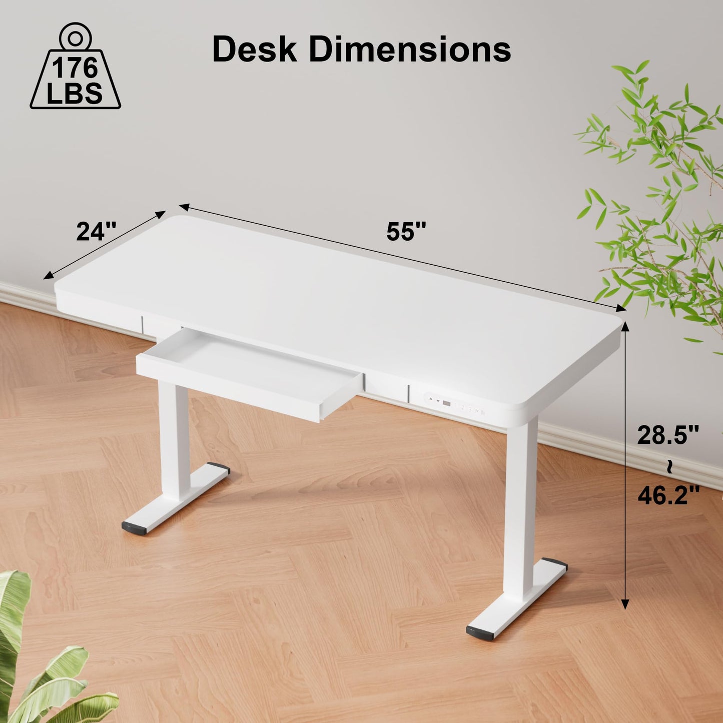 Furmax Electric Standing Desk with Drawer 55 x 24 Inch Adjustable Height Stand up Desk Home Office Computer Desk with USB Ports, White - WoodArtSupply