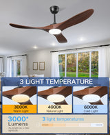 JOYEYE Ceiling Fans with Lights and Remote, 3 Solid Wood Blades, Outdoor Wooden Ceiling Fan with 2 Downrods for Patios, 52 Inch Modern Ceiling Fan with Noiseless Reversible DC Motor JOYEYE