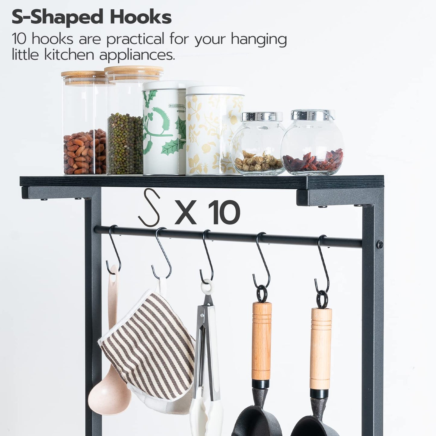 HOOBRO Kitchen Bakers Rack with Power Outlet, 5-Tier Coffee Bar with Adjustable Wine Rack, Microwave Stand with 10 S-Shaped Hooks, Kitchen Storage Shelf Rack, Rustic Brown BK60UHB01