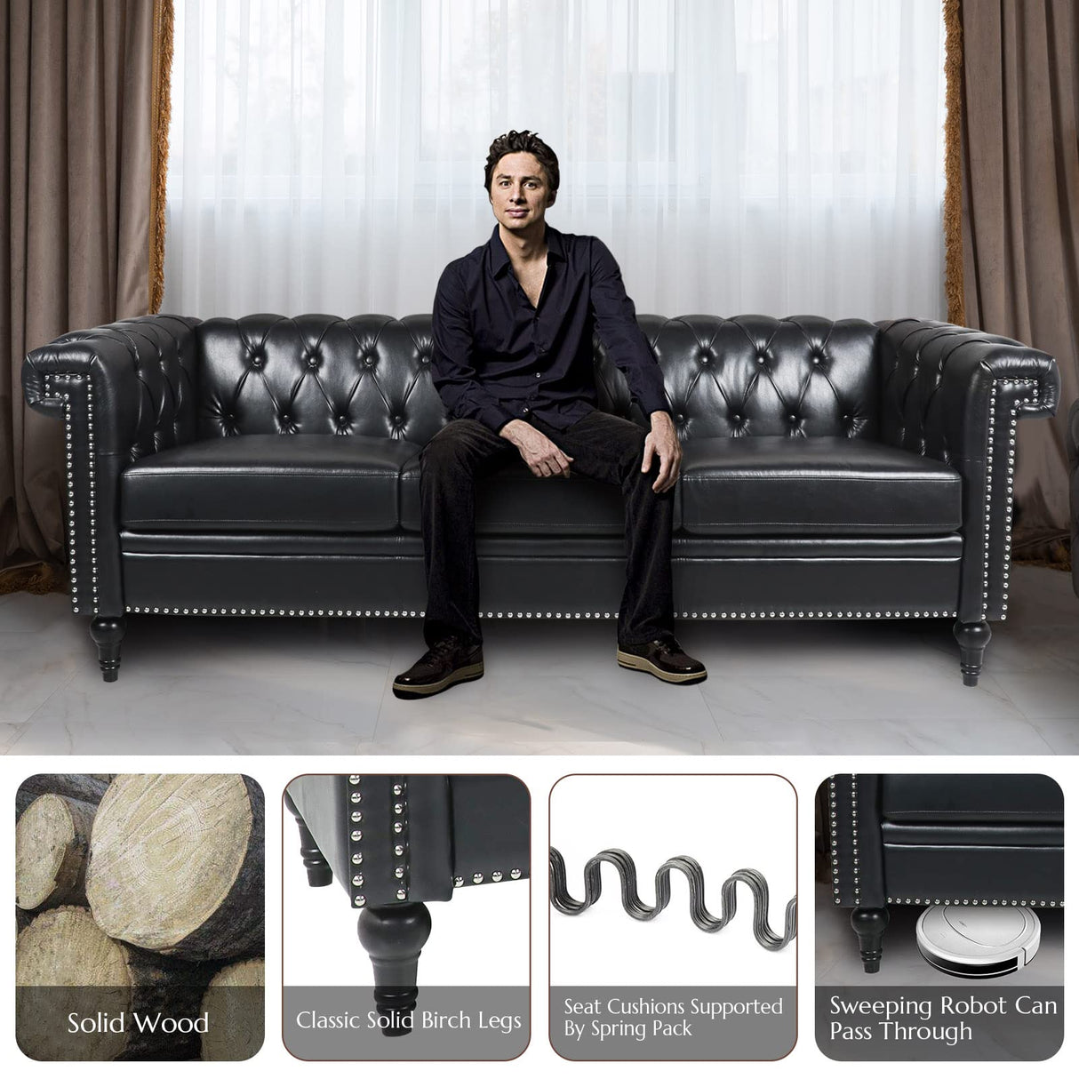 Vaztrlus Chesterfield Sofa Black Faux Leather Couches for Living Room, Deep Seat Comfy 3-Seater Oversized Couch Button Nailhead Tufted Classic Couches for Bedroom, Office Easy to Assemble Vaztrlus