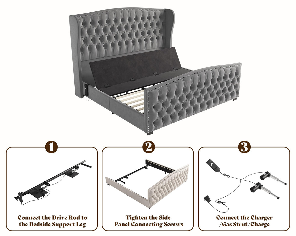 AMERLIFE King Size Adjustable Bed Frame with 51" H Velvet Upholstered and Deep Button Tufted Headboard, Electric Bed with Dual Motor/Nailhead Trim Wingback, No Box Spring Needed, Grey AMERLIFE