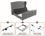 AMERLIFE King Size Adjustable Bed Frame with 51" H Velvet Upholstered and Deep Button Tufted Headboard, Electric Bed with Dual Motor/Nailhead Trim Wingback, No Box Spring Needed, Grey AMERLIFE