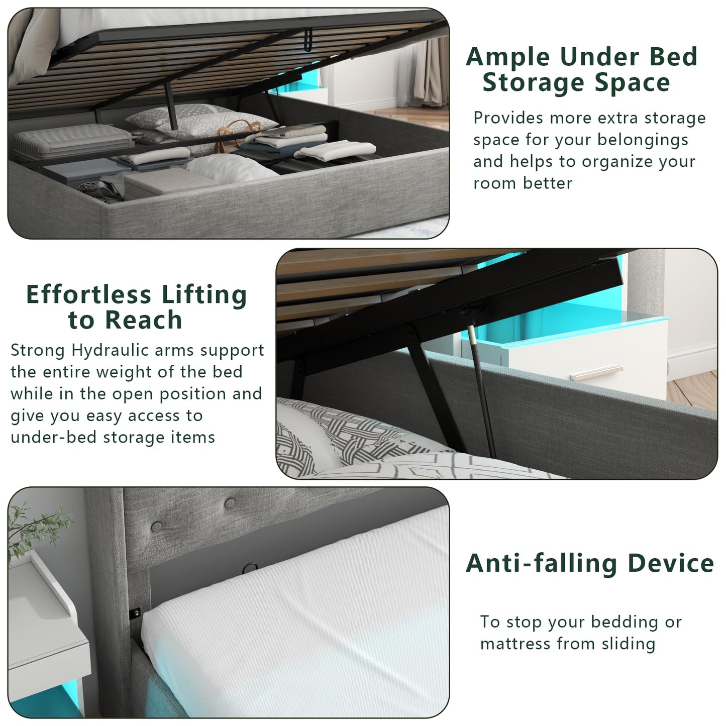 Loomie King Hydraulic Lift Bed Frame with LED Lighting & Charging Station in Light Grey - WoodArtSupply