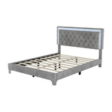 Elegant LED Velvet Platform Bed Frame with Tufted Headboard and Nightstands - 3-Piece Bedroom Set in Grey Merax