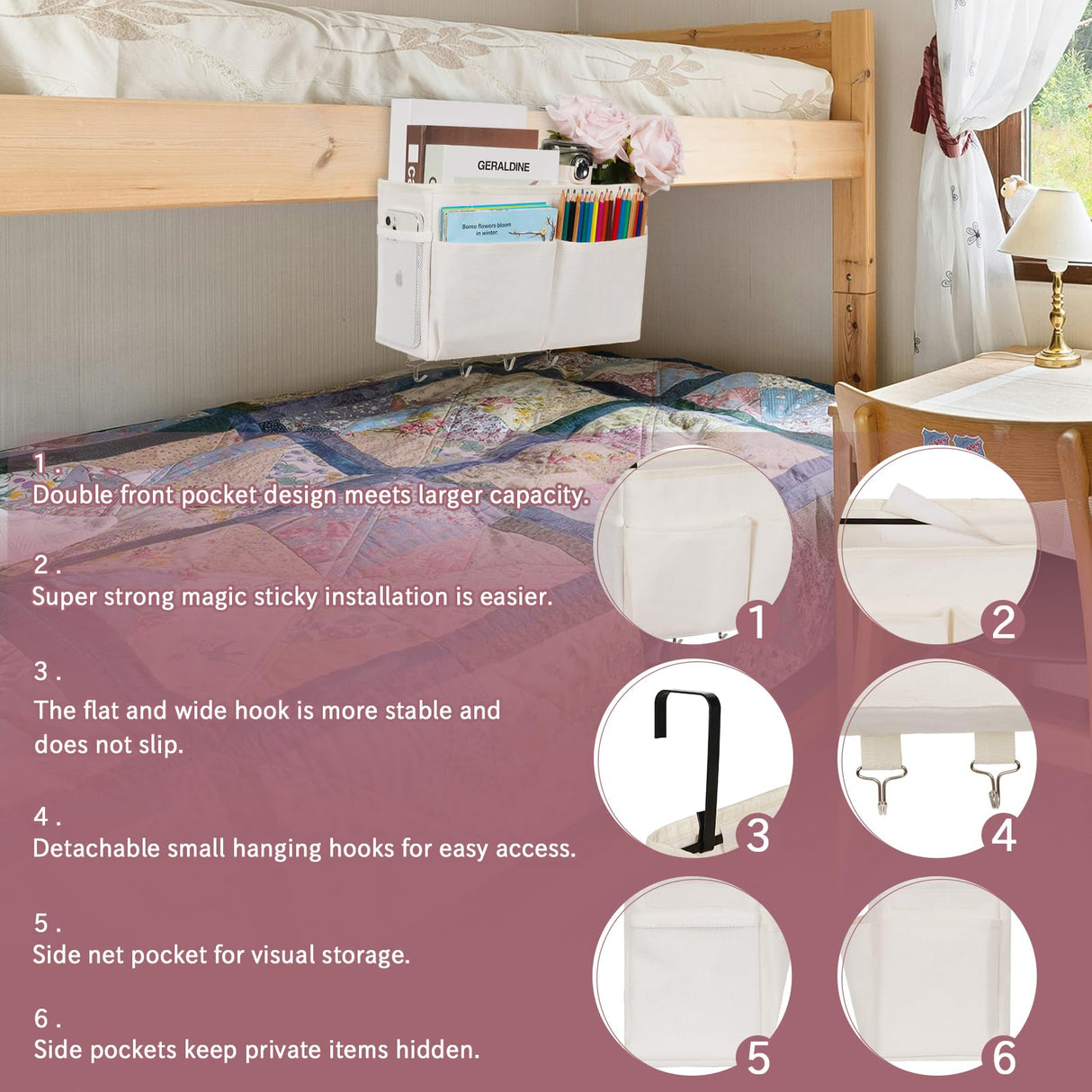 Frjjthchy Bedside Storage Organizer 5 Pockets with 4 Hooks Hanging Storage Bag for Headboards/Bunk Bed (White) Frjjthchy