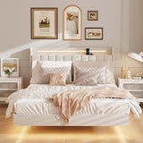 Ushow Modern Queen Floating Bed Frame with LED Lights, Storage Headboard & Charging Station in Beige USHOW