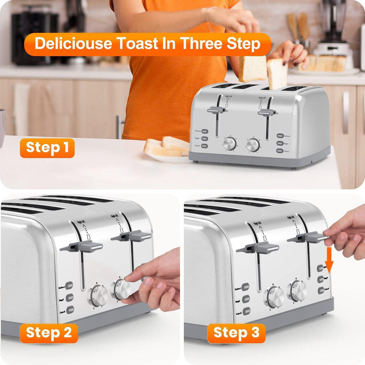 Toaster 4 Slice,Retro Stainless Steel Toater with 7 Shade Settings,Best Prime Toaster for Waffles, 4 Slice Toaster with 3 Mode，Bagels and More Lainsten Toaster T-527 LAINSTEN