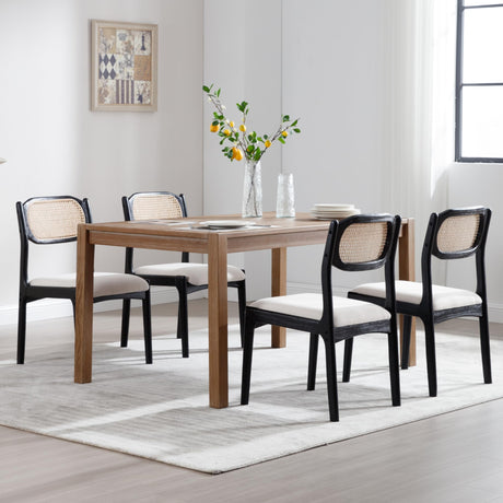 Shunzhi Farmhouse Rattan Dining Chairs Set of 4, Cane Upholstered Kitchen & Dining Room Chairs with Black Wood Frame, Mid Century Modern Kitchen Chairs for Dining Living Room/Restaurants, Linen White Shunzhi