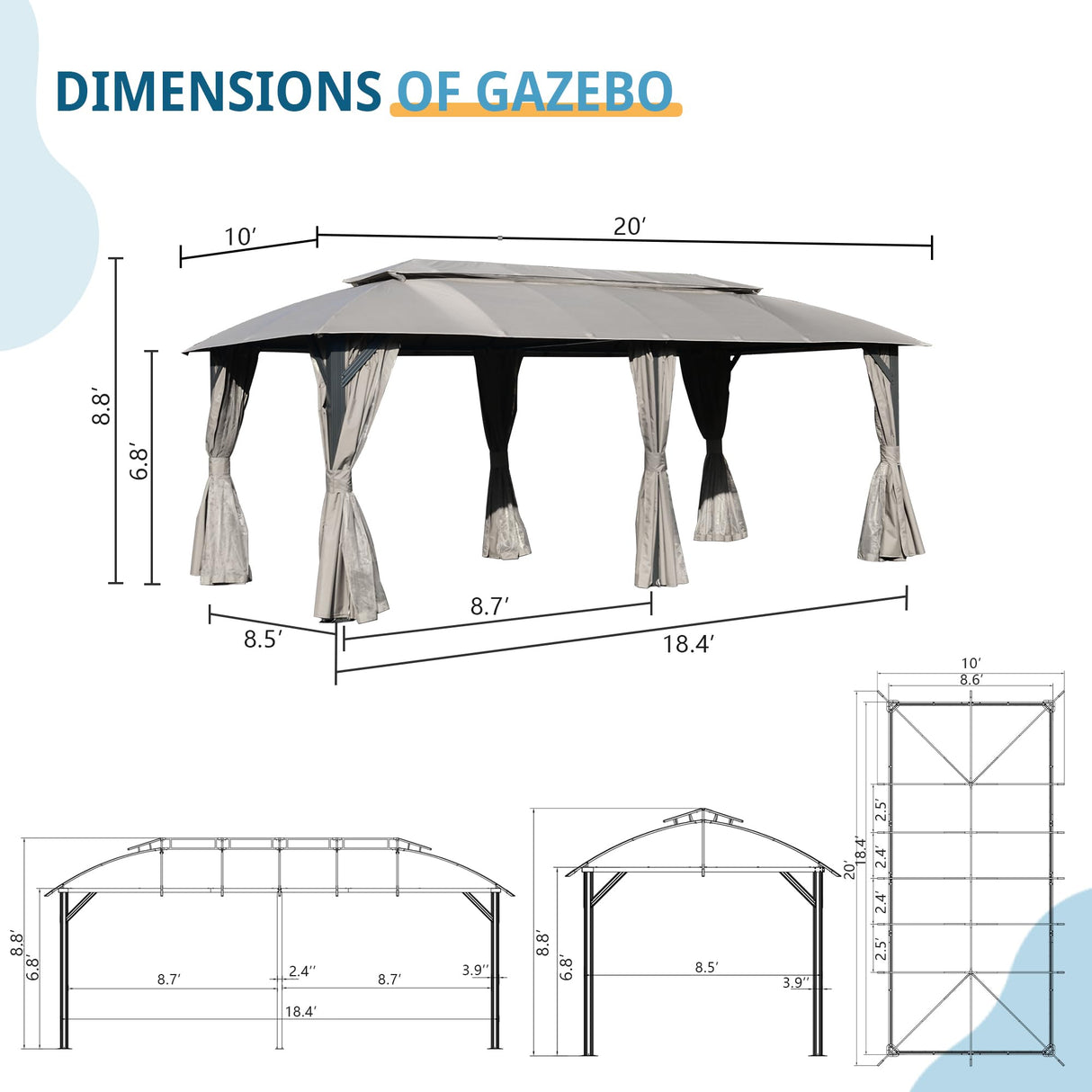 Domi Gazebo 10x20FT, Outdoor Gazebo with Double Roofs, Privacy Curtains, Mosquito Nettings, Heavy Duty Metal Frame Party Tent Canopy for Patio, Backyard, Deck, Lawn, Grey domi outdoor living