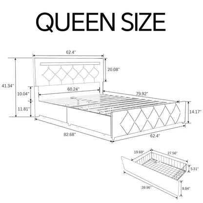 Kallabe White Queen Bed Frame with LED Headboard, 4 Storage Drawers, and USB Charging Station - WoodArtSupply