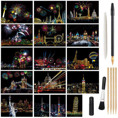 Magic Scratch Art Paper, Mini Envelope Postcard, Rainbow Night View Scratchboard for Adults and Kids, Art & Crafts Set : 16 Sheets Scratch Cards & 8 Tools Drawing Pen, Brush (Travel Around The World) M MUGIT