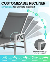 Vexwalx Patio Chaise Lounge Chair Outdoor with Wheels&Armrests, Aluminum Pool Lounge Chairs 5-Position Adjustable Recliner, Outdoor Beach Lounge Chairs for Poolside, Patio, Deck, Yard, Dark Gray Vexwalx