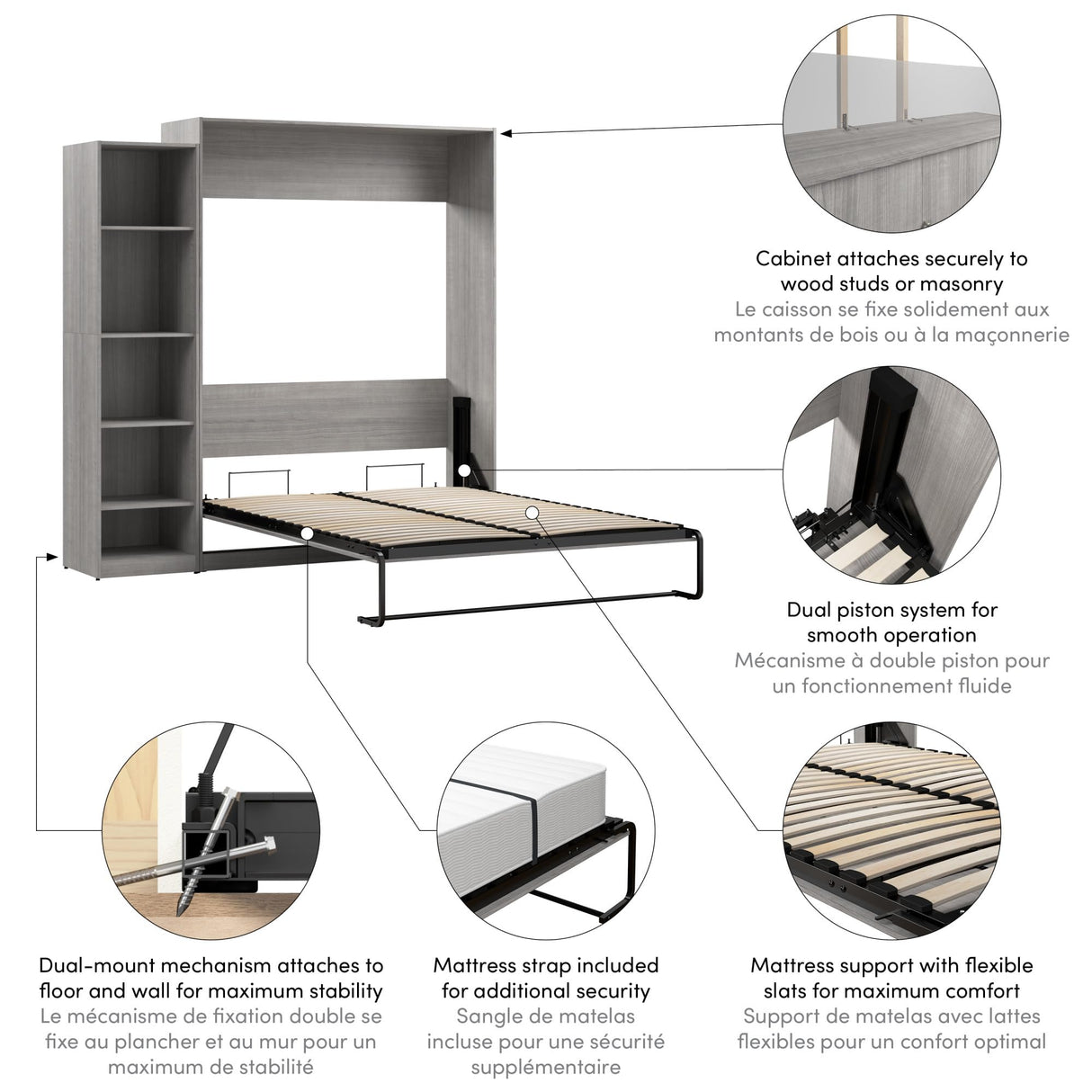 Bestar Claremont Queen Murphy Bed with Closet Organizer (85W) in Platinum Gray, Space-Saving Sleeping Arrangement for Multipurpose Room Bestar