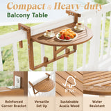 IDZO FSC Acacia Wood Folding Balcony Bar Table for Railings, Adjustable Height & Width, Teak Brush Finish Durable Against Weather, Ideal Spacious Dimension of 27 9/16 x 21 5/8 Inch, Half-Round Design IDZO