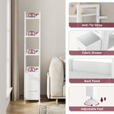 KLUVIS White Narrow Bookshelf with Storage Drawers - 5 Tier Thin Book Shelf for Small Spaces Skinny Shelves Slim Farmhouse 2 Fabric Drawer 60 inch Tall (03W) KLUVIS