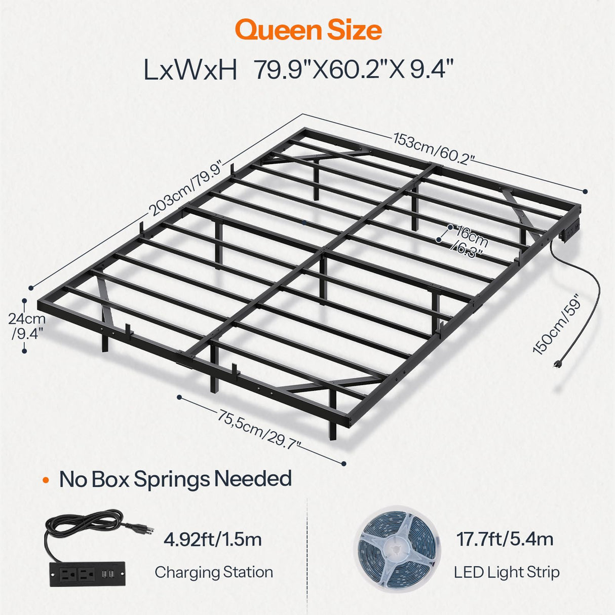 HOOBRO Floating Bed Frame Queen Size, Bed Frame with Charging Station and LED Lights, Industrial Style Metal Platform Queen Bed, Soundless, No Box Springs Needed, Black HOOBRO