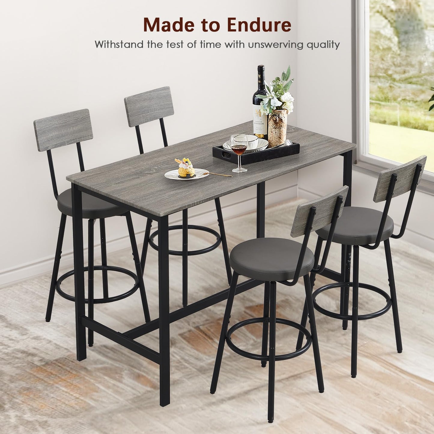 Tatub 5-Piece High Dining Table and Chairs Set in Grey for Elegant Spaces