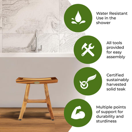 EcoDecors Satori 14 Inch Shaving Waterproof Teak Wood Shower Bench Stool Seat Chair For Inside Shower Storage Shelf Provides Safety, Storage, and Organization For Bathroom Accessories Natural color EcoDecors
