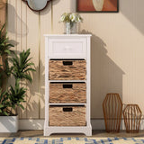 PHI VILLA Storage Cabinet with Baskets, Farmhouse Accent Cabinet Narrow Cabinet with Shelves for Bathroom Entryway Rattan Cabinet with Drawer End Table/Beside Table White PHI VILLA