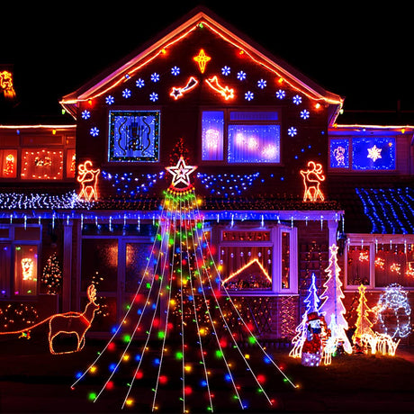 Outdoor Christmas Decorations, Aokudoni 12.6ft 350LED Waterfall Lights, 8 Modes Christmas Lights, Christmas Decorations for Tree, Outdoor Christmas Lights for House Tree Holiday Party, Multicolor Aokudoni