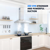 FIREGAS Range Hood 30 Inch, Stainless Steel Wall Mount Kitchen Hood 450 CFM with 3 Speed Exhaust Fan, Ducted/Ductless Convertible, Stove Vent Hood for Kitchen with Aluminium Mesh and Charcoal Filters FIREGAS