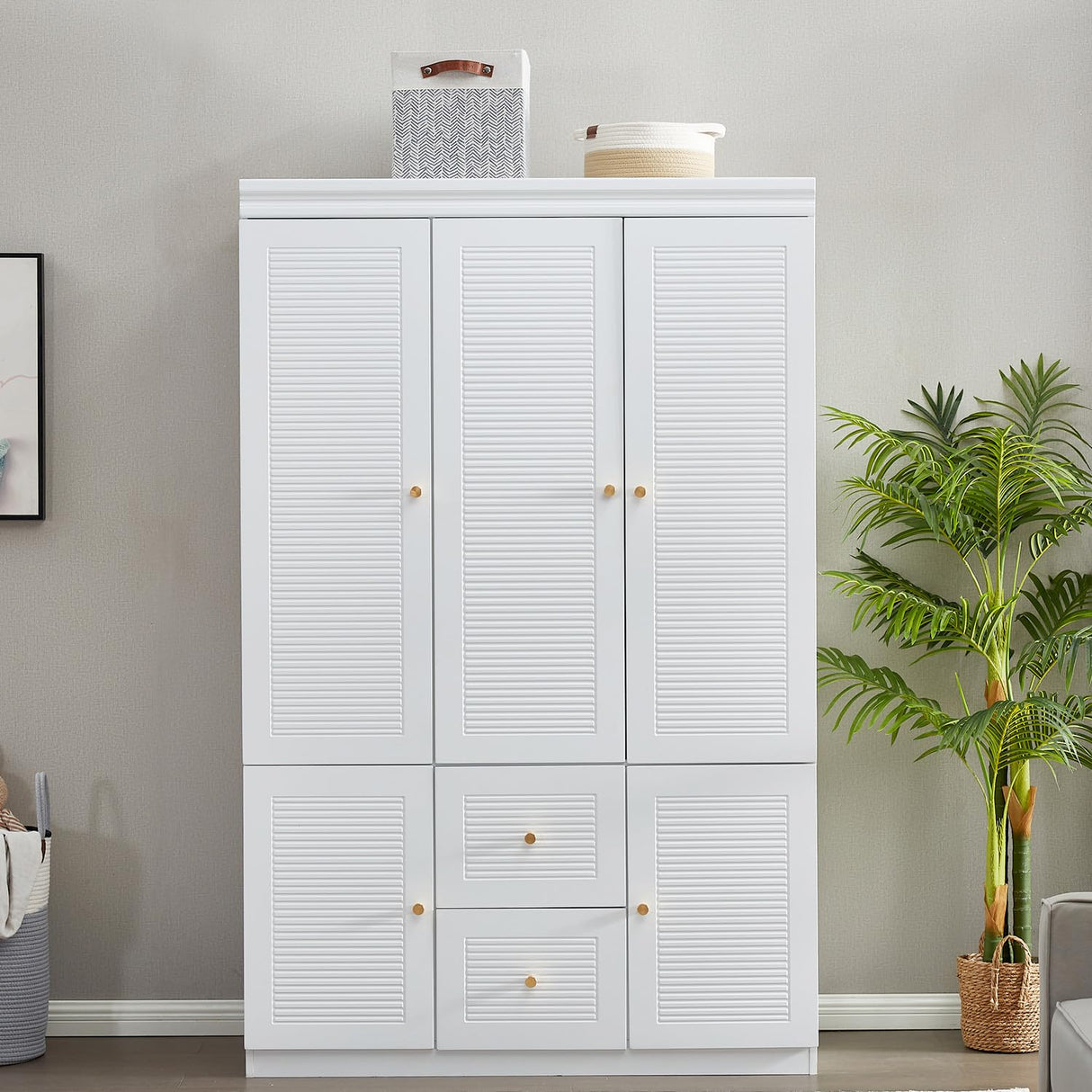 Sophshelter 74.2" Armoire Wardrobe Closet Storage, Wood 3 Door 2 Drawers White Closet Cabinet for Large Capacity, Tall Cabinet Closet with Hanging Rod and 5 Storage 47.3" L x 20.3" W x 74.2" H Sophshelter