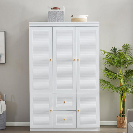 Sophshelter 74.2" Armoire Wardrobe Closet Storage, Wood 3 Door 2 Drawers White Closet Cabinet for Large Capacity, Tall Cabinet Closet with Hanging Rod and 5 Storage 47.3" L x 20.3" W x 74.2" H Sophshelter