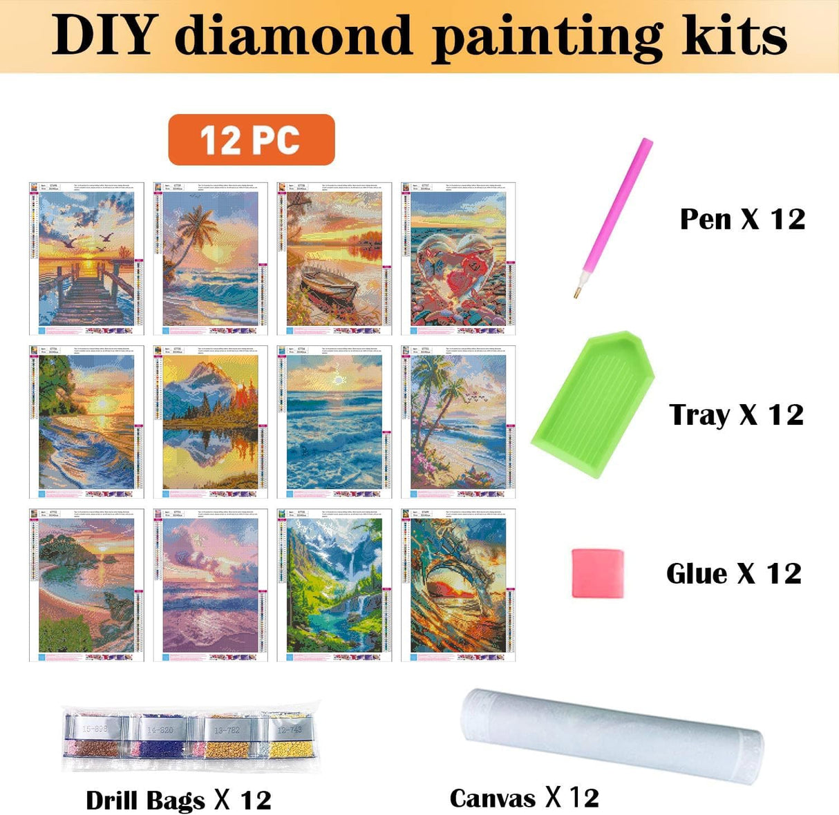 CreateJoy 12 Pack 5D Diamond Art Kits for Adults - Beach Diamond Art DIY Paint with Round Full Drill Diamond dots for Beginners, Gem Paintings for 12X16 Inch Home Wall Decor CreateJoy