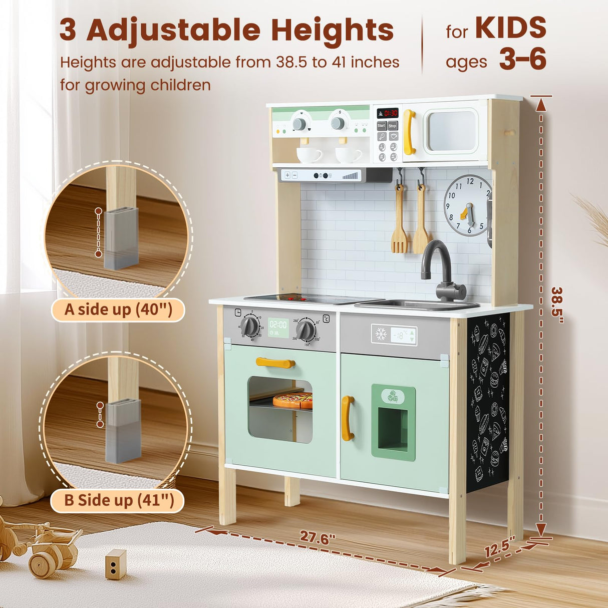 Uiirvdy Play Kitchen Wooden Kids Kitchen Playset Pretending Toys for Toddlers with Real Lights & Sounds, 3 Heights Adjustable, Chalkboard, 35Pcs Toy Food & Cookware Accessories-Green Uiirvdy