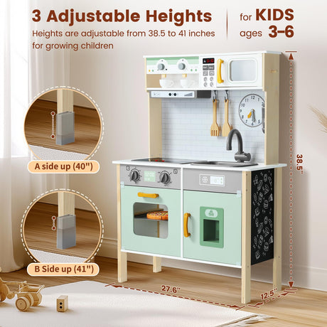 Uiirvdy Play Kitchen Wooden Kids Kitchen Playset Pretending Toys for Toddlers with Real Lights & Sounds, 3 Heights Adjustable, Chalkboard, 35Pcs Toy Food & Cookware Accessories-Green Uiirvdy