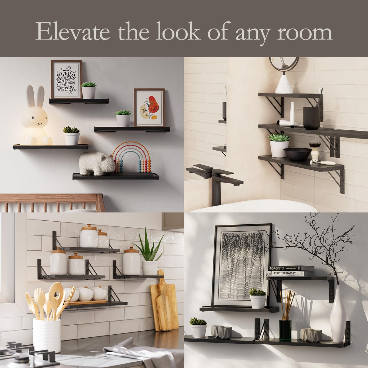 BAYKA Wall Shelves for Bedroom Decor, Floating Shelves for Wall Storage, Wall Mounted Rustic Wood Shelf for Books,Plants,Small Wall Shelf for Bathroom,Kitchen,Living Room(Black，Set of 4) BAYKA