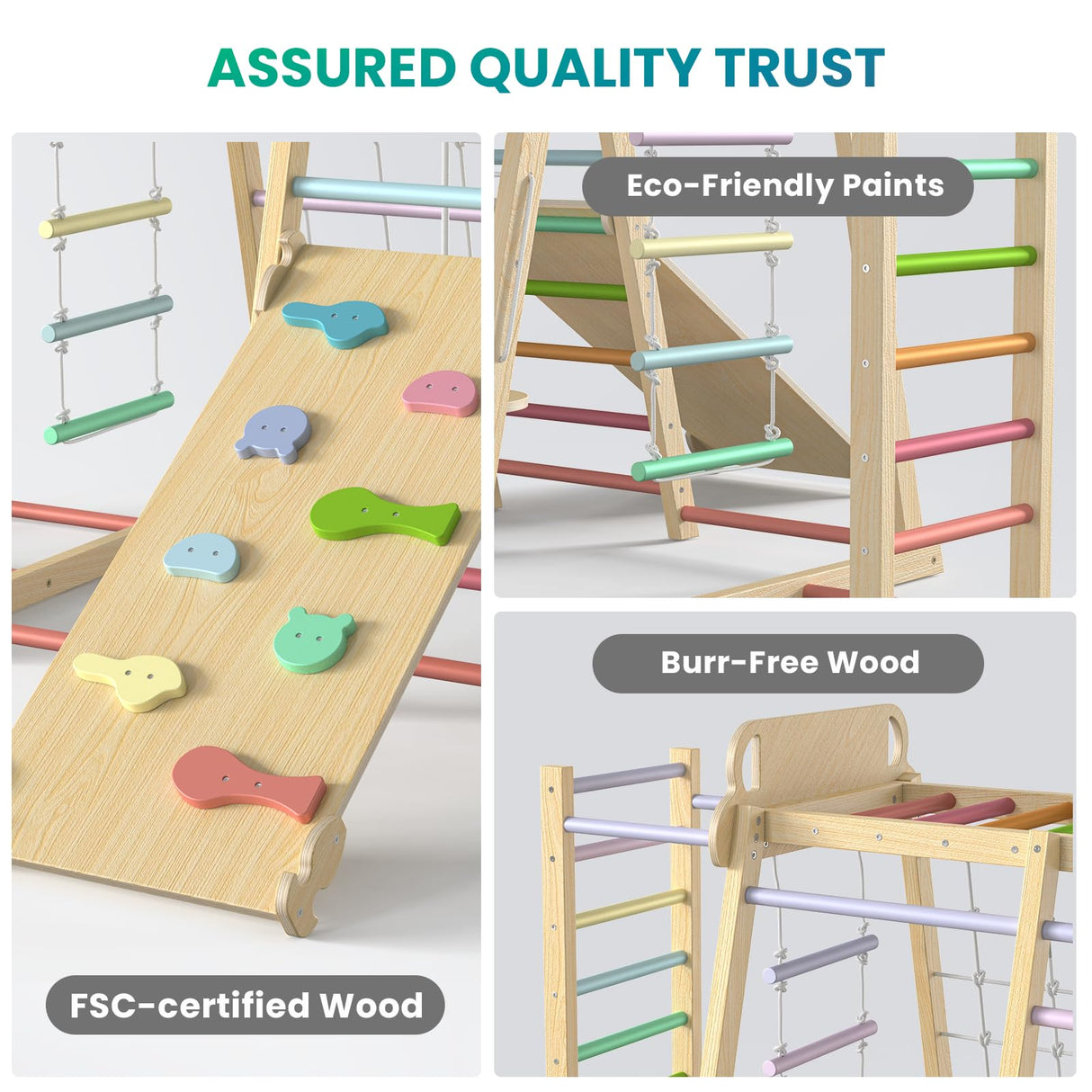 Upgraded Indoor Playground 9-in-1 Jungle Gym Kids Climbing Toys, Montessori Philosophy Waldorf Style Wooden Climber Playset with Slide, Swing, Monkey Bars, Upright/Rope Ladder, Climb Net, Rainbow BlueWood