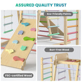 Upgraded Indoor Playground 9-in-1 Jungle Gym Kids Climbing Toys, Montessori Philosophy Waldorf Style Wooden Climber Playset with Slide, Swing, Monkey Bars, Upright/Rope Ladder, Climb Net, Rainbow BlueWood