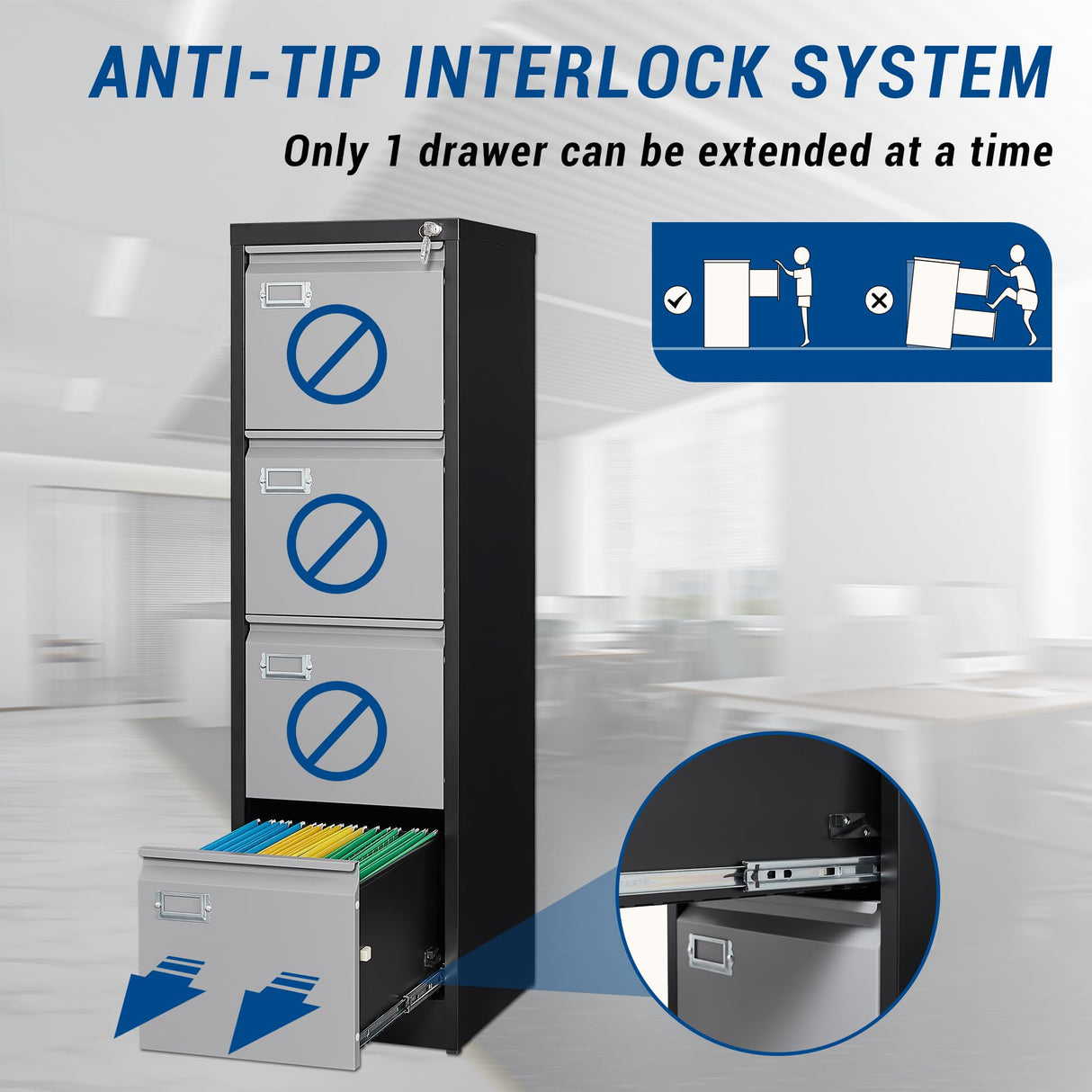 Fesbos File Cabinets - 4 Drawers Vertical 17.8" Deep Lockable Filing Cabinet - Black & Gray Metal Storage Cabinets for Home Office to Hanging Files Letter/Legal/F4/A4 Size Fesbos