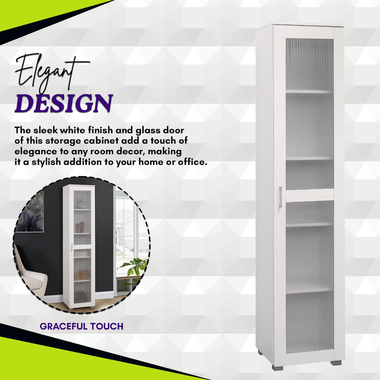Kings Brand Furniture Romero Tall Curio Storage Cabinet - Tall Bookshelf Perfect for Living Room, Kitchen, Bedroom & Office - Storage Cabinet with 5 Storage Shelving & 1 Glass Door Display - White Kings Brand Furniture