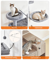 HOOBRO Cat Tree with Litter Box Enclosure, Cat Tower with Food Bowl and Storage, Hidden Cat Litter Enclosure Furniture, All-in-One Modern Cat Condo, with Cat House, Hammock and Perch, Greige BG80MZ03 HOOBRO