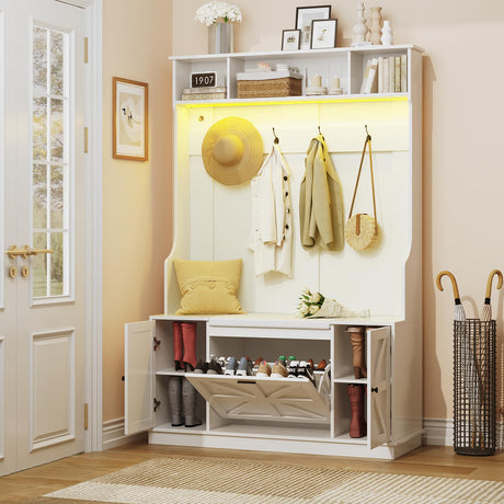 Maupvit Hall Tree with Bench and Shoe Storage, Coat Rack with Shoe Bench, 6 Shoe Cubbies, 4 Coat Hooks, LED Lights and Adjustable Shelf, Entryway Hall Tree, Shoe Bench with Soft Cushion for Hallways Maupvit