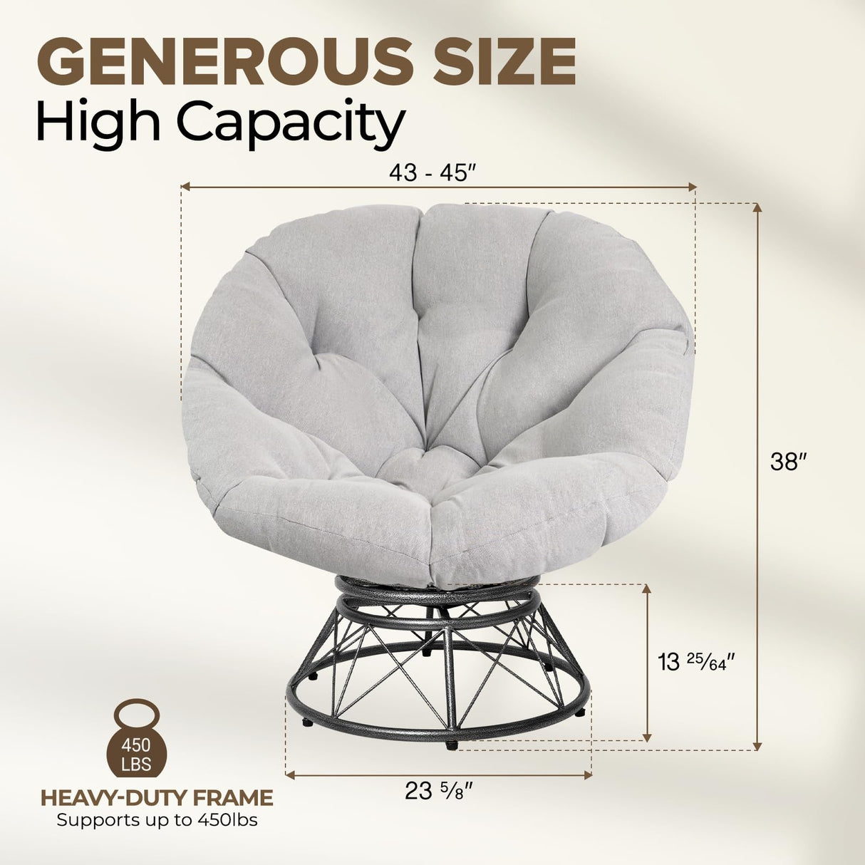 CraftVie Premium Oversized Papasan Chair with Cushion and Frame – 48'' Extra-Thick Cushion (7'' + Exclusive 1.75'' Support Pad), Supports 450 lbs – 360° Swivel Bedroom Chair, or Reading Chair CraftVie