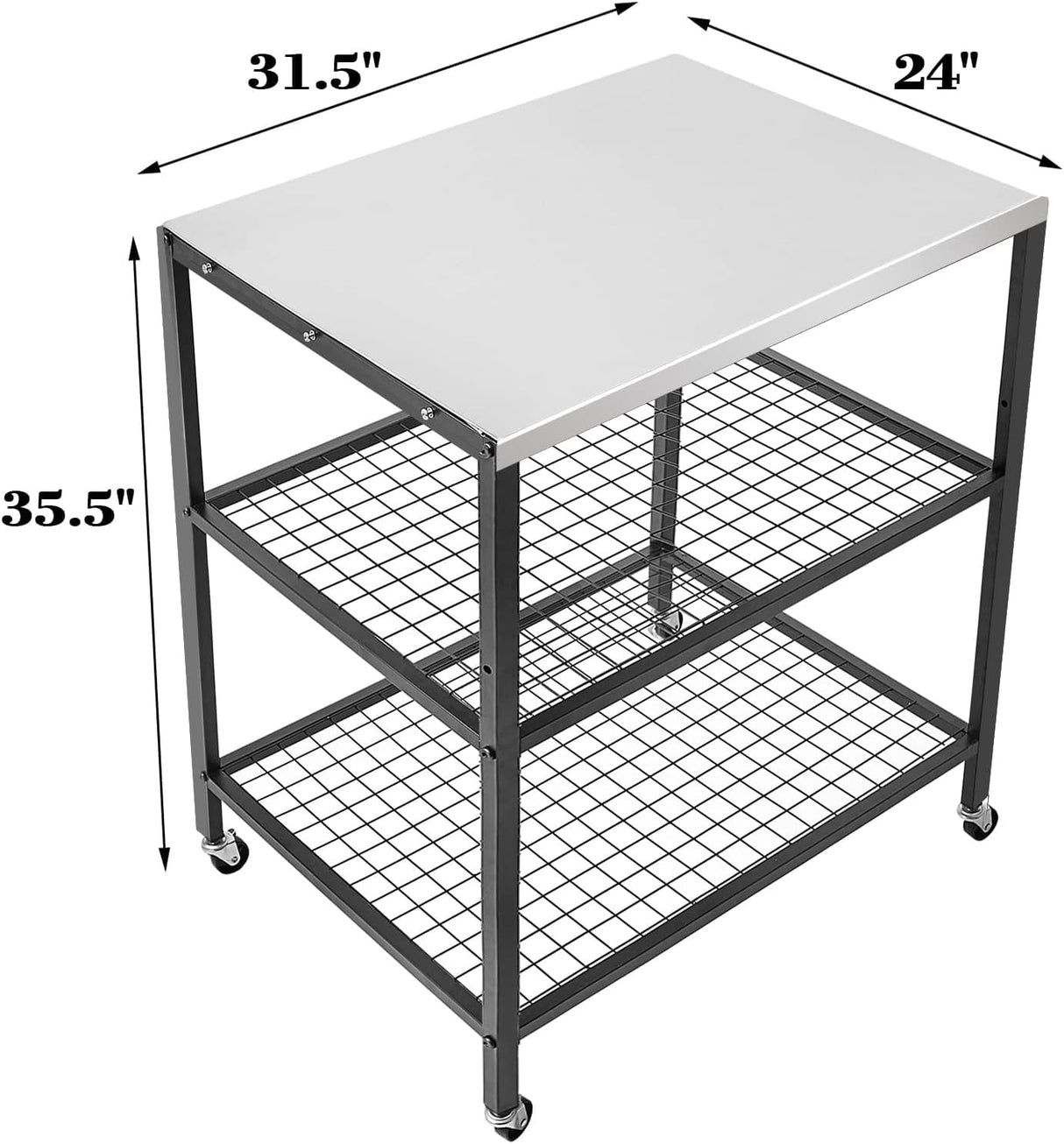 WEASHUME Stainless Steel Grill Cart Pizza Oven Stand Trolley Table with Wheels Three-Shelf Movable Food Prep and Work Cart Table Heavy Duty Grill Cart Outdoor Cart 31.5"×24"×35.5" WEASHUME