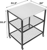WEASHUME Stainless Steel Grill Cart Pizza Oven Stand Trolley Table with Wheels Three-Shelf Movable Food Prep and Work Cart Table Heavy Duty Grill Cart Outdoor Cart 31.5"×24"×35.5" WEASHUME