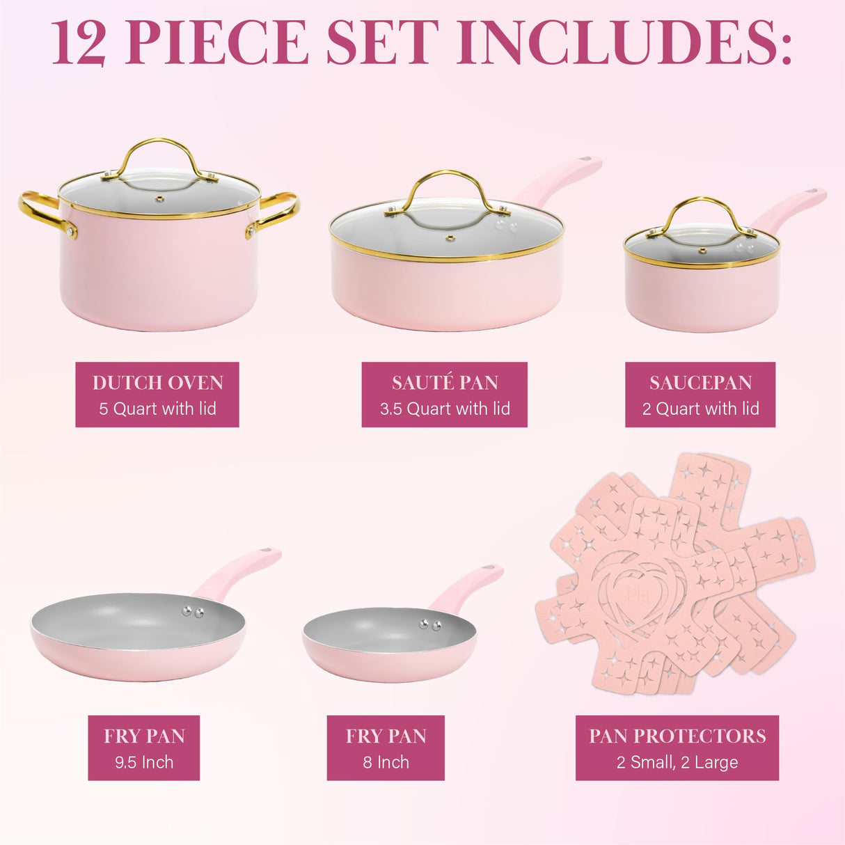 Paris Hilton Epic Nonstick Pots and Pans Set, Multi-layer Nonstick Coating, Tempered Glass Lids, Soft Touch, Stay Cool Handles, Made without PFOA, Dishwasher Safe Cookware Set, 12-Piece, Pink Paris Hilton