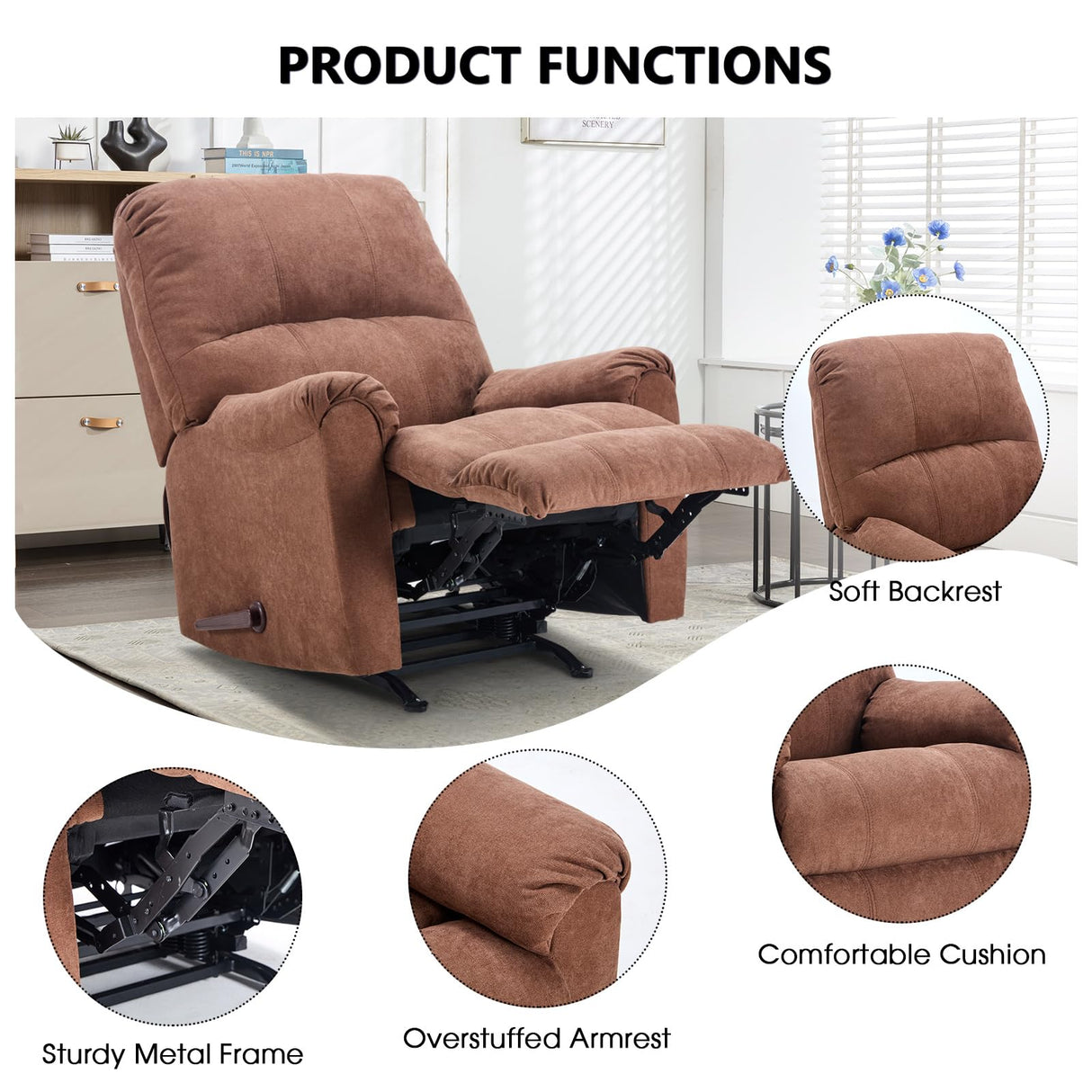 CANMOV Rocker Recliner Chair for Adults,Manual Recliner Chair with Overstuffed Backrest and Armrests, Soft Fabric Manual Rocking Reclining Sofa for Living Room,Brown CANMOV