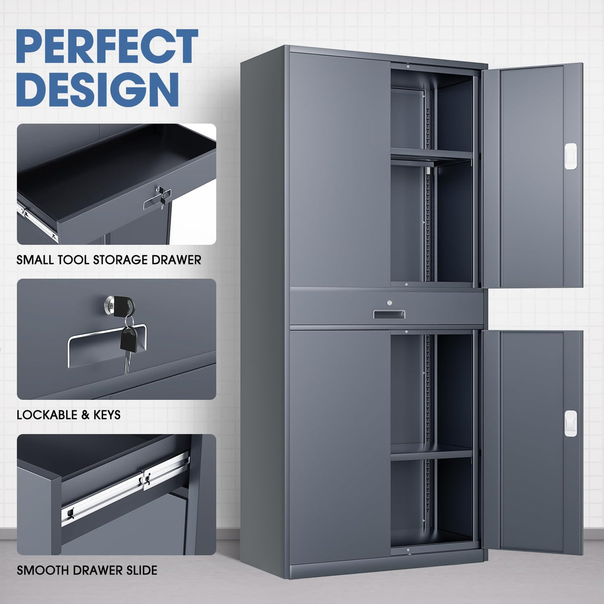 DNA MOTORING 71'' Metal Storage Cabinet, Locking Tool Cabinet with 1 Drawer and Adjustable Shelves, Lockable Heavy Duty Metal Locker for Garage,Office,Home,Gym, Gray, TOOLS-00629-GY-GY-A DNA MOTORING