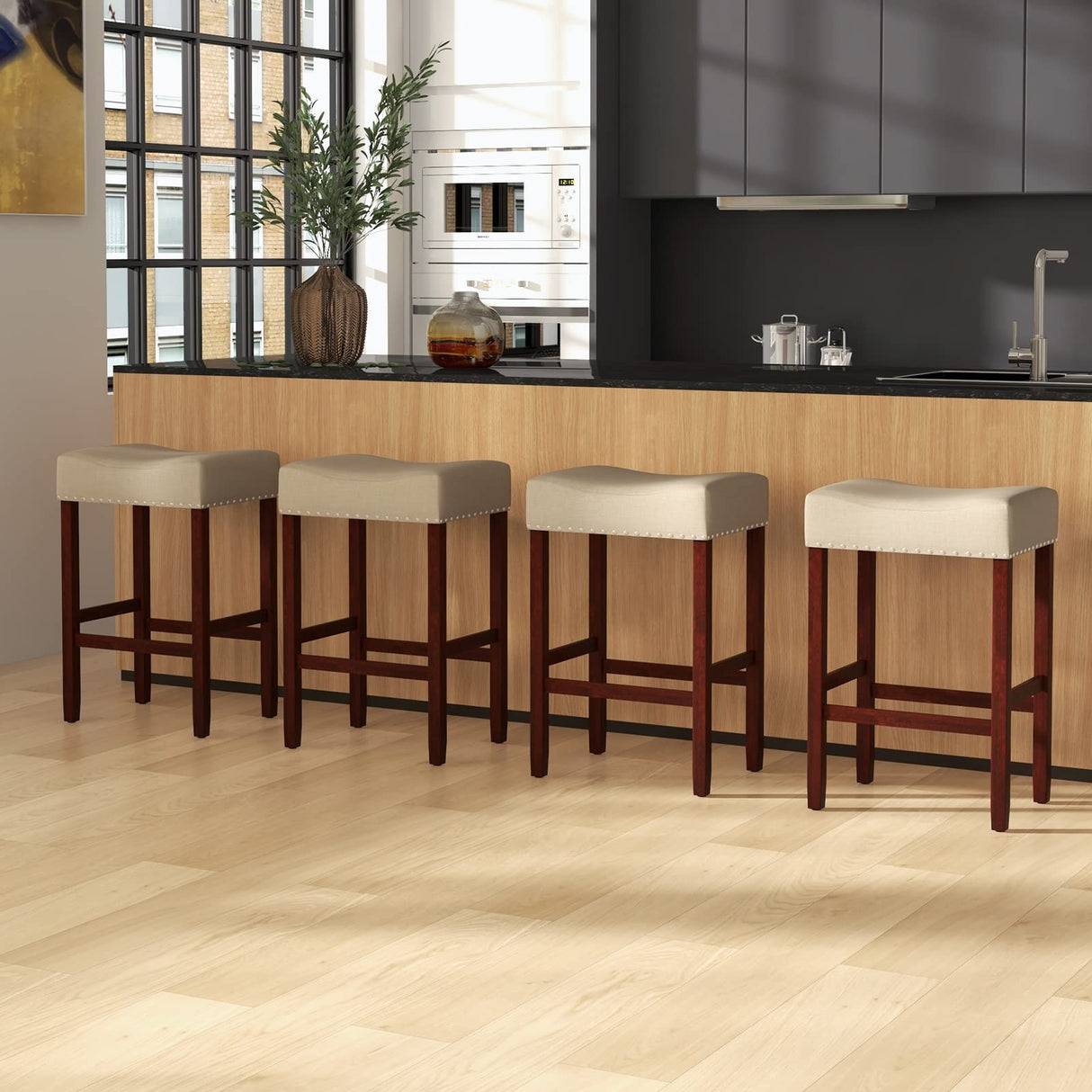 Giantex 25" Counter Height Bar Stools Set of 2 - Backless Saddle Barstools with Nailhead Linen Foam Seat, Max Load 330 Lbs Wood Bar Stools with Foot Rest for Kitchen Island, Khaki Giantex