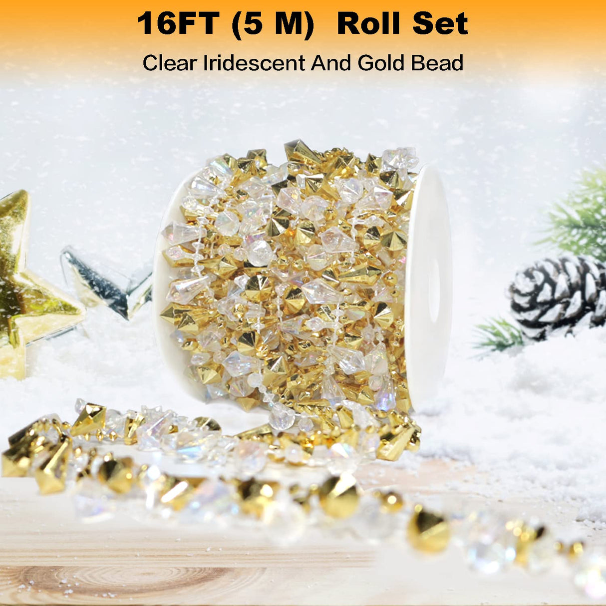 Jishi 16ft Christmas Garland Christmas Tree Gold Bead Decoration Clear Iridescent & Gold Bead Garland Twist Bead String for Christmas Tree Decorations, Rustic Crystal Garland Ornaments for Home Decor Jishi
